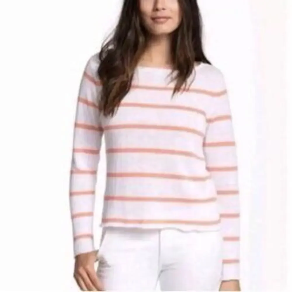 Eileen Fisher 100% Linen Striped Long Sleeve Pullover Sweater White Orange Small